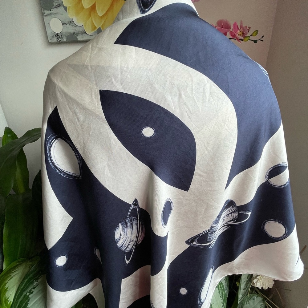 CHANEL CC Planet Navy Blue And Cream Silk Scarf. - Picture 4 of 9